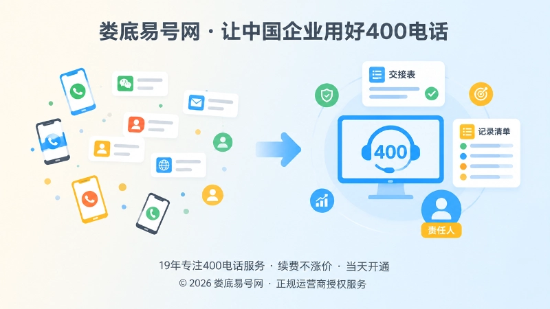 左侧分散联系入口与右侧统一400电话交接表对比的扁平插画